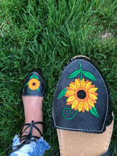 Load image into Gallery viewer, black leather sunflower lace up huarache
